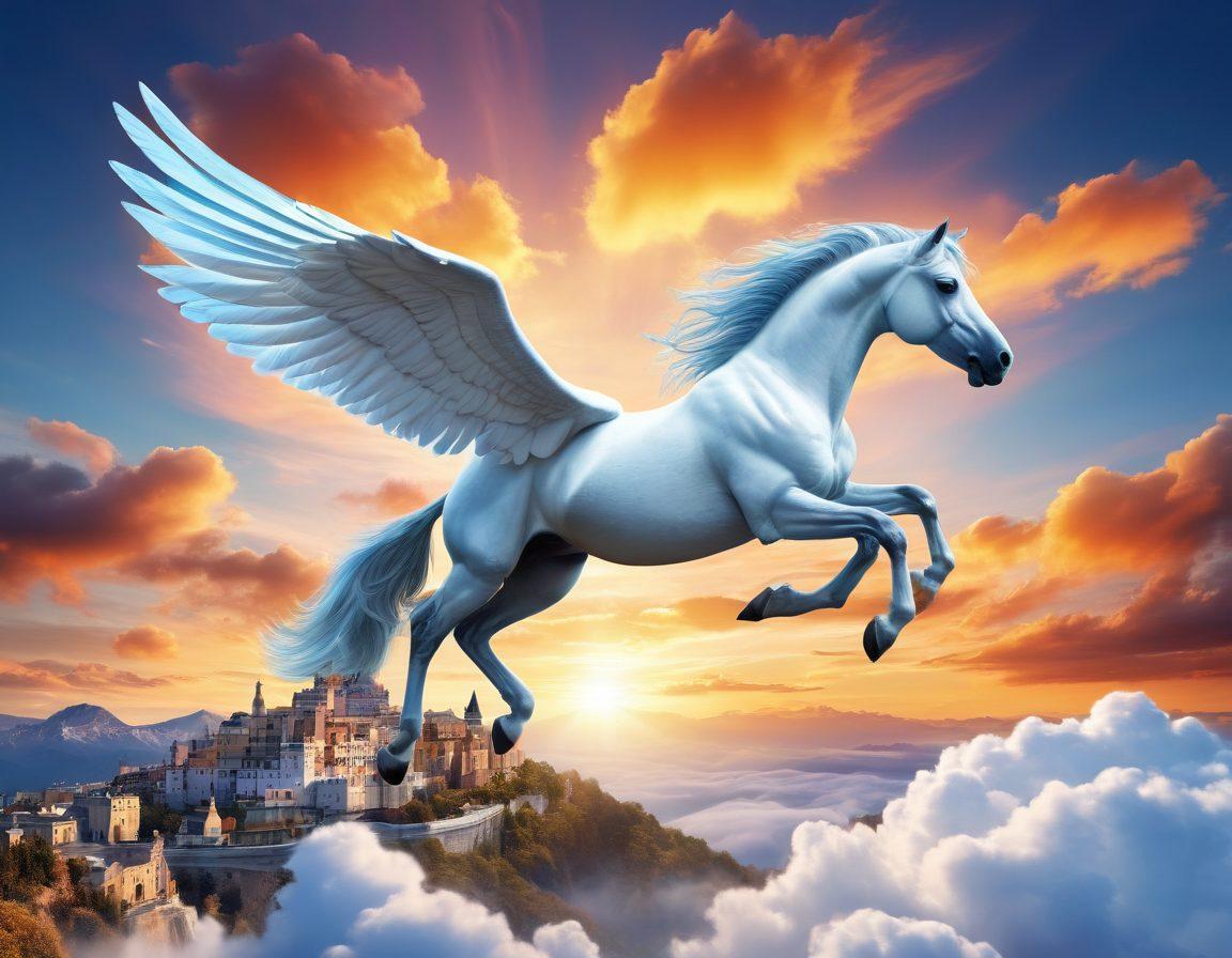 A majestic Pegasus flying through a bright blue sky, surrounded by fluffy white clouds, with a collage of landmarks symbolizing cost-effective travel like budget hotels and affordable attractions in the background. Incorporate vibrant colors during a sunset to evoke a sense of adventure and exploration. The Pegasus should look dynamic, embodying speed and efficiency in travel. super-realistic. vibrant colors. 3D.