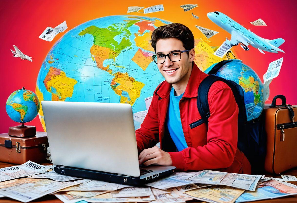 An eager traveler holding a globe, surrounded by ticket stubs and luggage, with a laptop displaying flight prices in the background. The scene should convey excitement and adventure, showcasing a variety of travel destinations like landmarks on maps. Bright colors, dynamic composition, and elements of savings like dollar signs scattered around. vibrant colors. super-realistic.