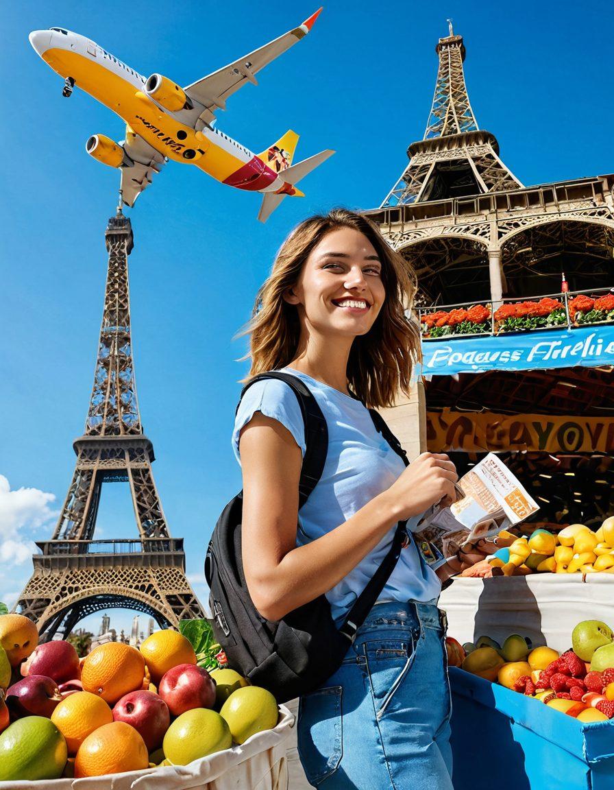 A traveler joyfully exploring a vibrant local market filled with colorful fruits and fabrics, a Pegasus Airlines airplane in the background soaring through a bright blue sky, featuring iconic travel landmarks like the Eiffel Tower and the Colosseum subtly blended in. Include a small stack of travel guides labeled 'Budget Tips' beside a backpack to signify affordable adventures. vibrant colors. super-realistic.